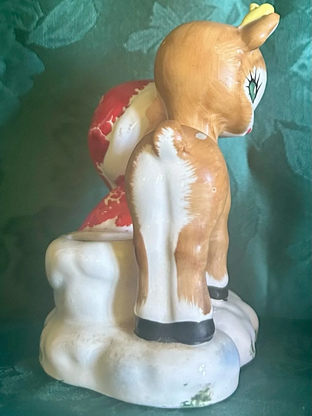 Lefton Red White and Brown Elf Hugging Reindeer Figurine